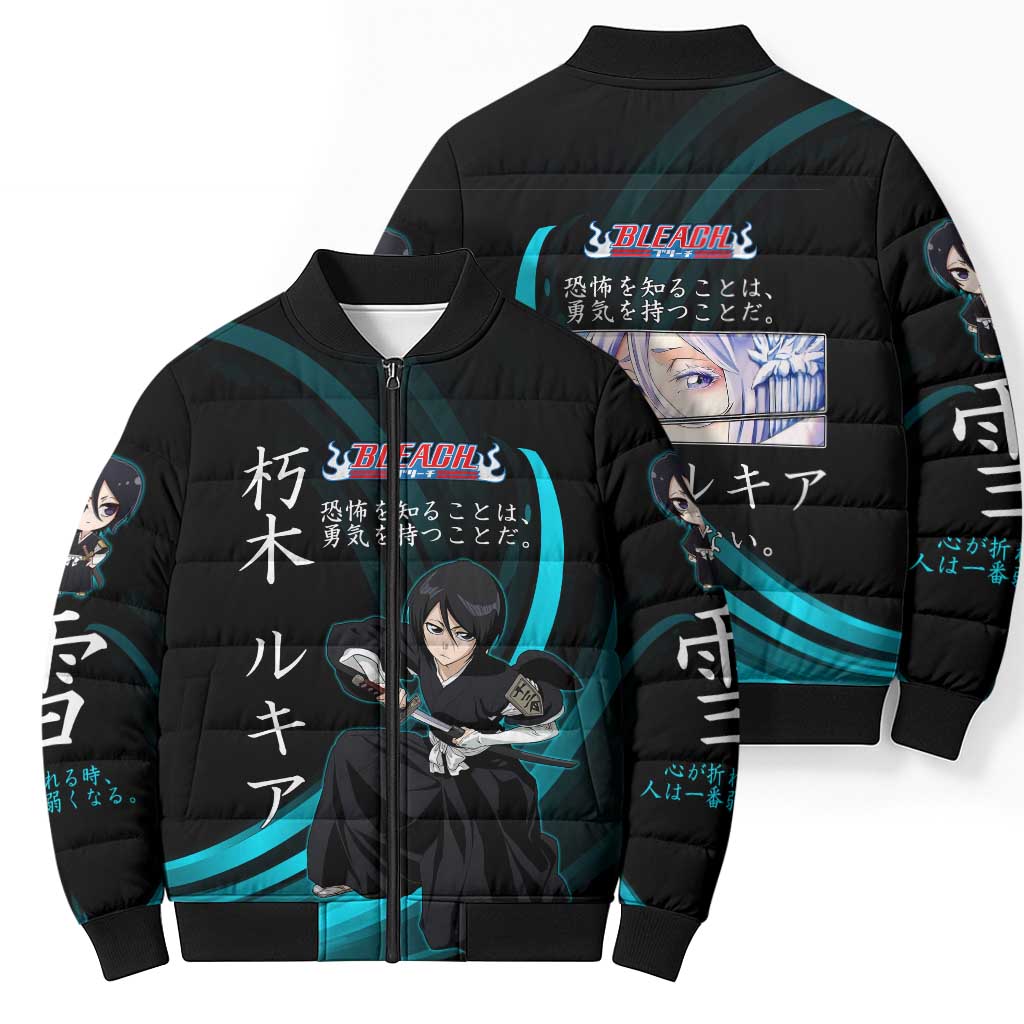 Rukia Kuchiki Bleach Anime Black and Teal Theme Bomber Puffer Jacket with Zanpakuto Pose and Japanese Quote Design - The Mazicc