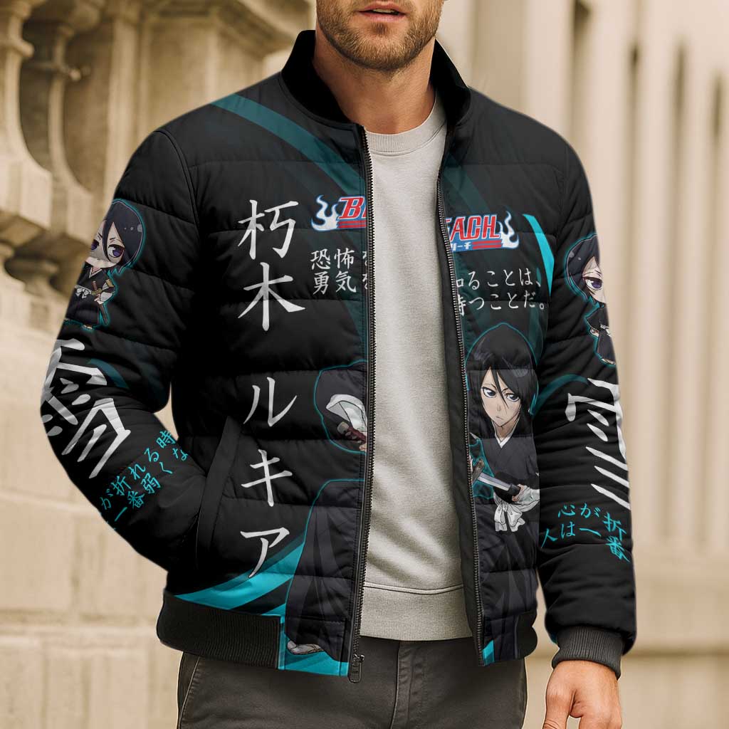 Rukia Kuchiki Bleach Anime Black and Teal Theme Bomber Puffer Jacket with Zanpakuto Pose and Japanese Quote Design - The Mazicc