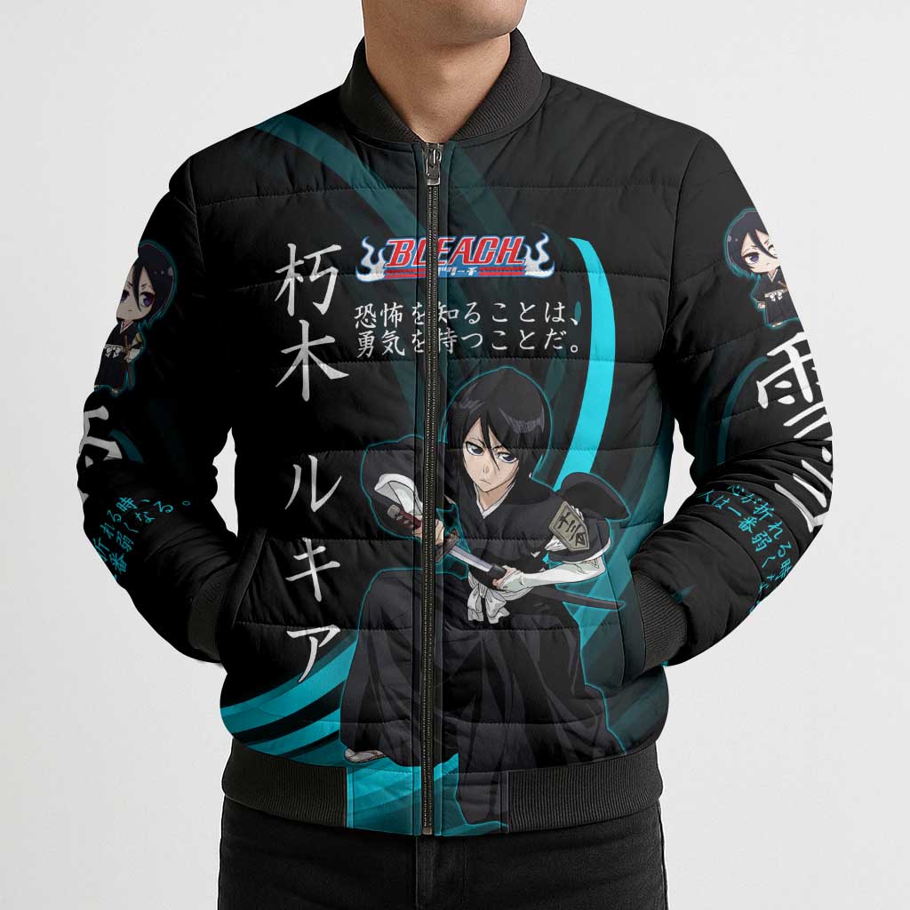 Rukia Kuchiki Bleach Anime Black and Teal Theme Bomber Puffer Jacket with Zanpakuto Pose and Japanese Quote Design - The Mazicc
