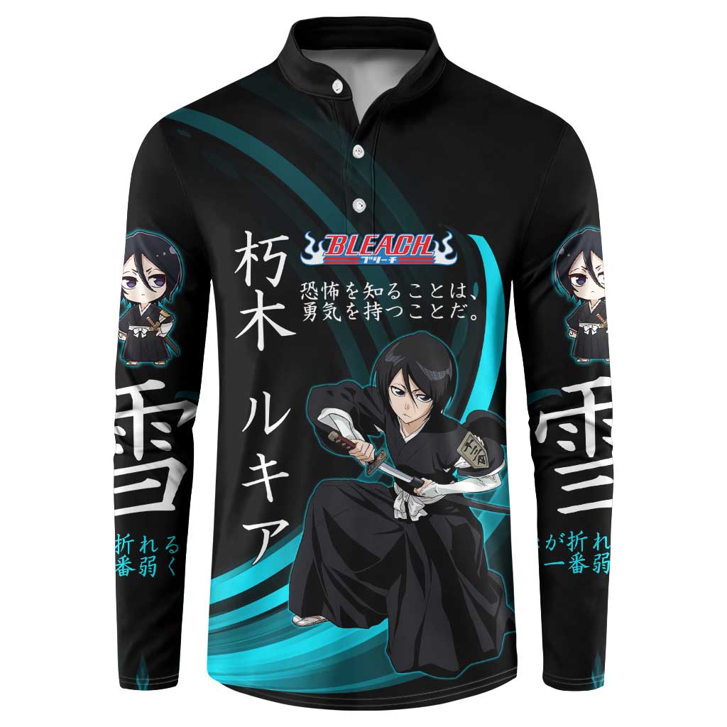 Rukia Kuchiki Bleach Anime Black and Teal Theme Button Sweatshirt with Zanpakuto Pose and Japanese Quote Design - The Mazicc