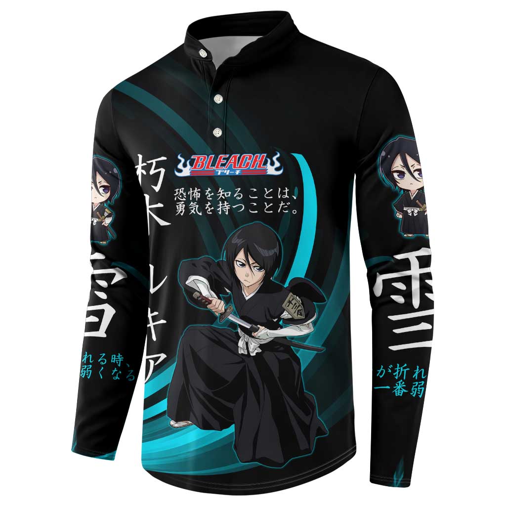 Rukia Kuchiki Bleach Anime Black and Teal Theme Button Sweatshirt with Zanpakuto Pose and Japanese Quote Design - The Mazicc