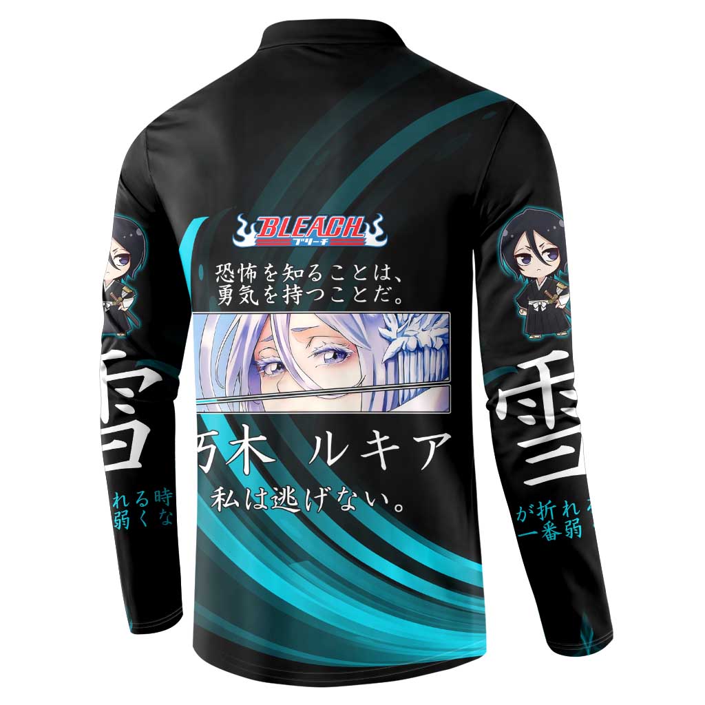 Rukia Kuchiki Bleach Anime Black and Teal Theme Button Sweatshirt with Zanpakuto Pose and Japanese Quote Design - The Mazicc