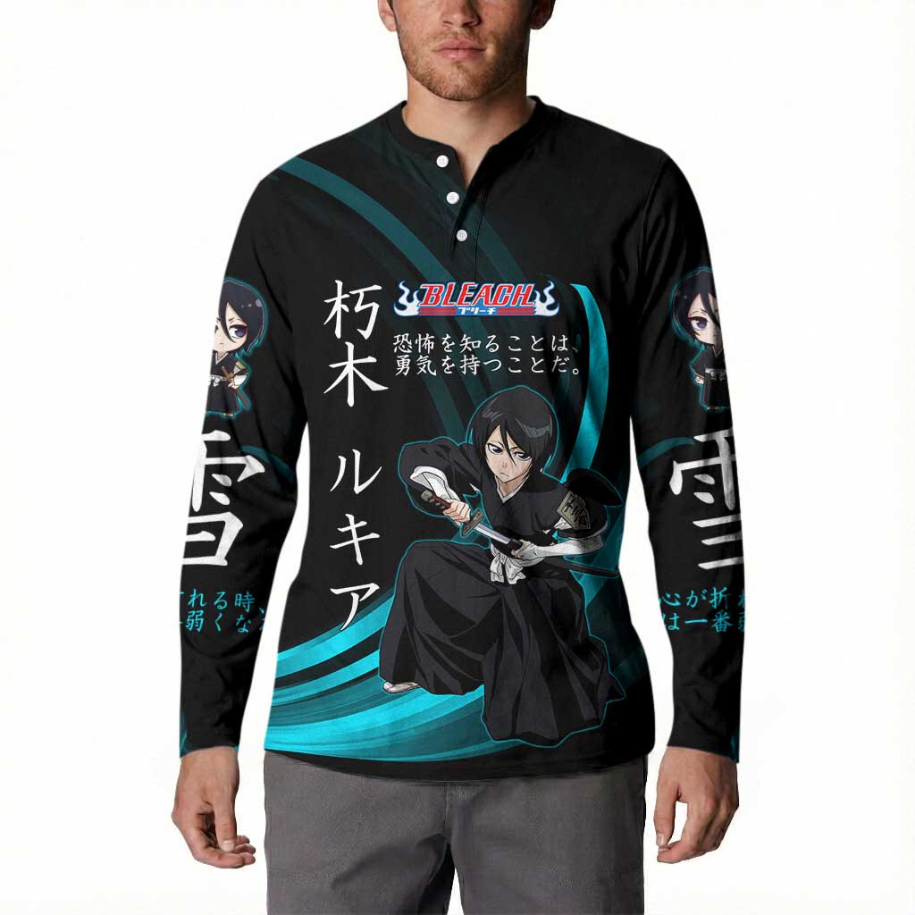 Rukia Kuchiki Bleach Anime Black and Teal Theme Button Sweatshirt with Zanpakuto Pose and Japanese Quote Design - The Mazicc