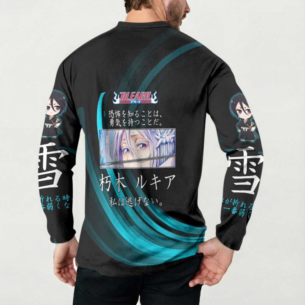 Rukia Kuchiki Bleach Anime Black and Teal Theme Button Sweatshirt with Zanpakuto Pose and Japanese Quote Design - The Mazicc
