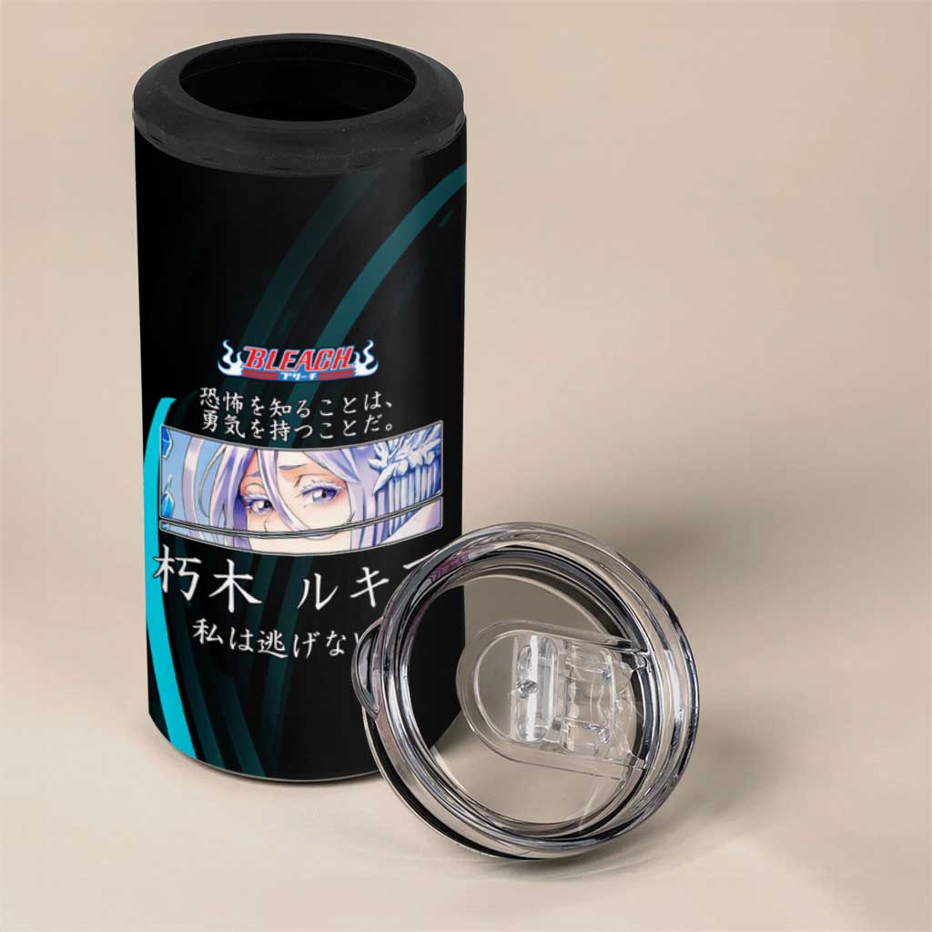 Rukia Kuchiki Bleach Anime Black and Teal Theme 4 in 1 Can Cooler Tumbler with Zanpakuto Pose and Japanese Quote Design - The Mazicc