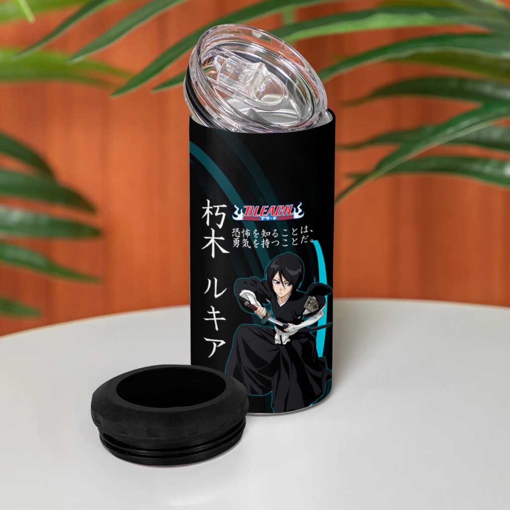 Rukia Kuchiki Bleach Anime Black and Teal Theme 4 in 1 Can Cooler Tumbler with Zanpakuto Pose and Japanese Quote Design - The Mazicc