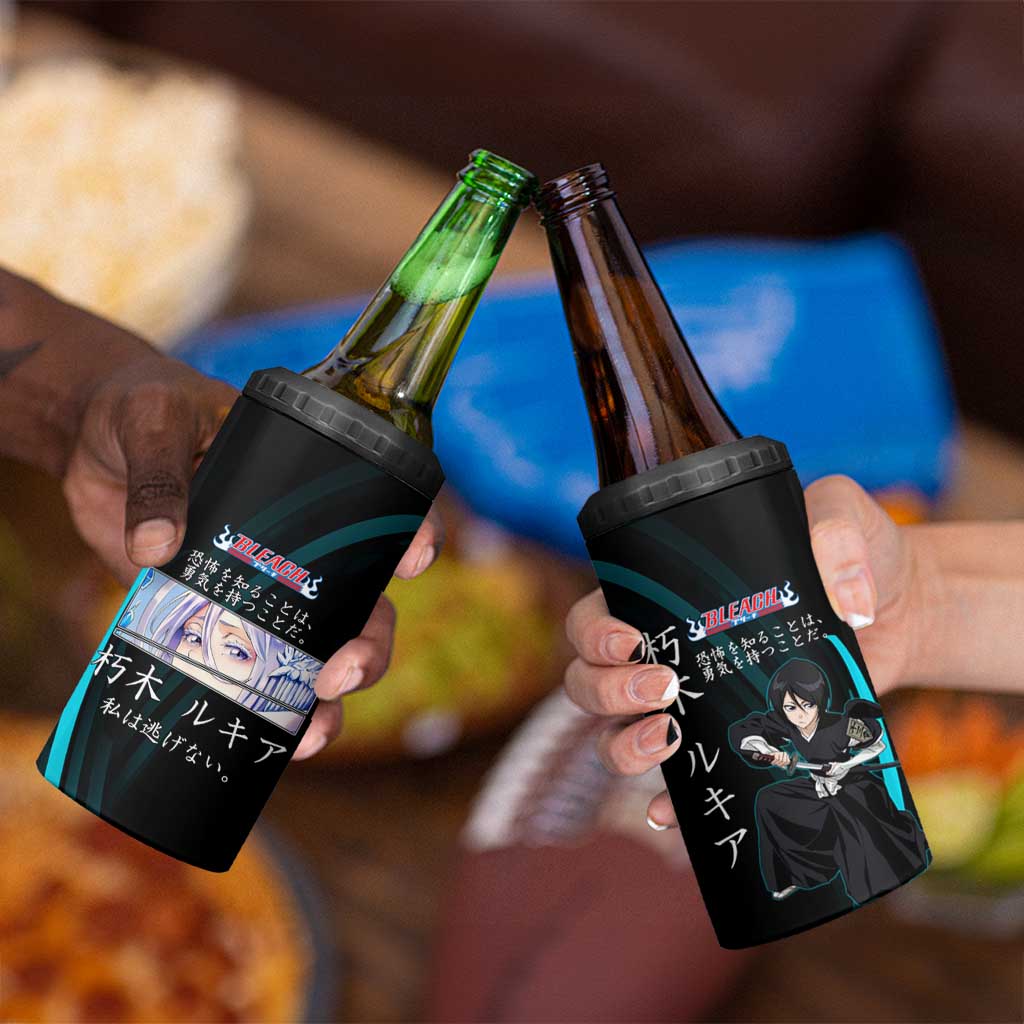 Rukia Kuchiki Bleach Anime Black and Teal Theme 4 in 1 Can Cooler Tumbler with Zanpakuto Pose and Japanese Quote Design - The Mazicc