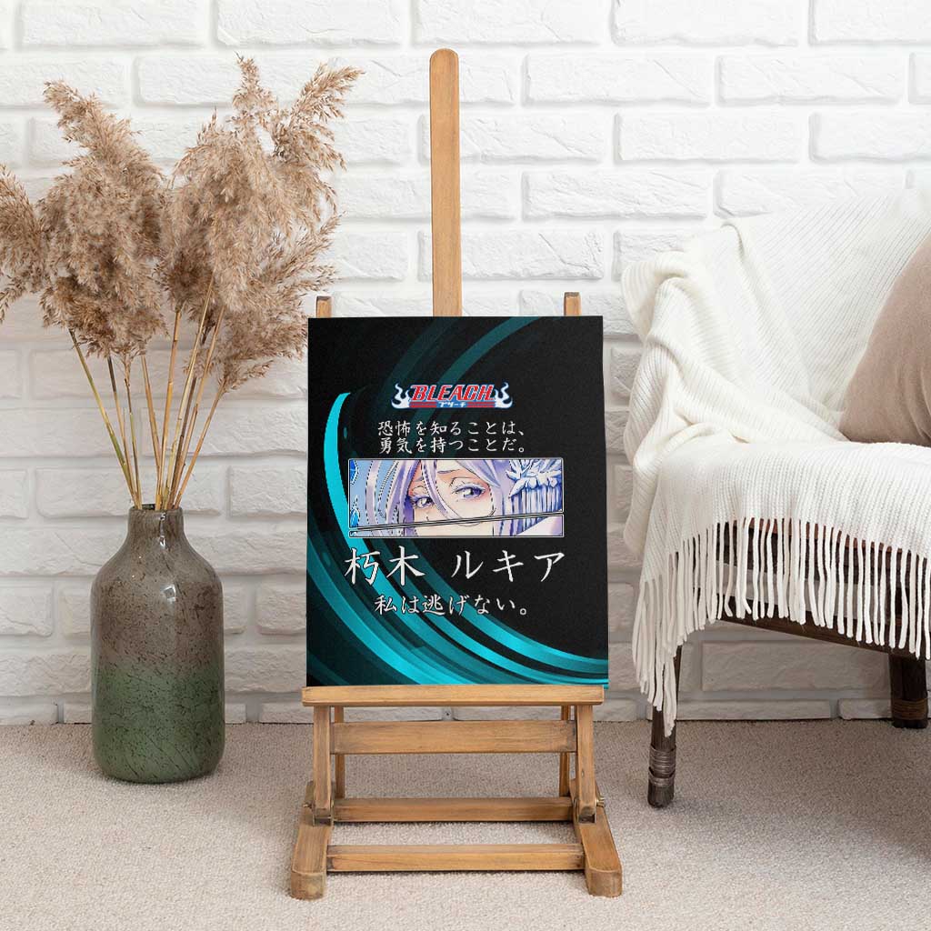 Rukia Kuchiki Bleach Anime Black and Teal Theme Canvas Wall Art with Zanpakuto Pose and Japanese Quote Design - The Mazicc