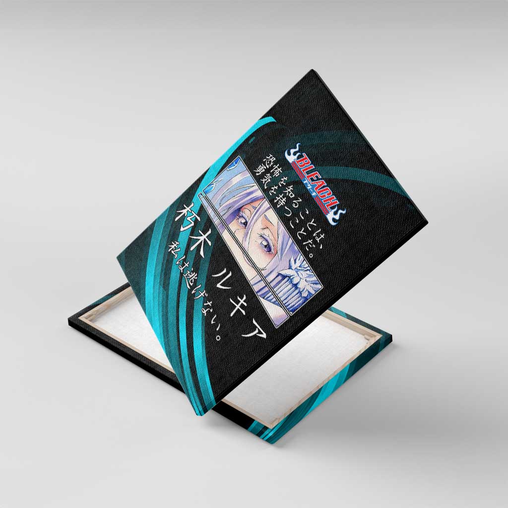Rukia Kuchiki Bleach Anime Black and Teal Theme Canvas Wall Art with Zanpakuto Pose and Japanese Quote Design - The Mazicc