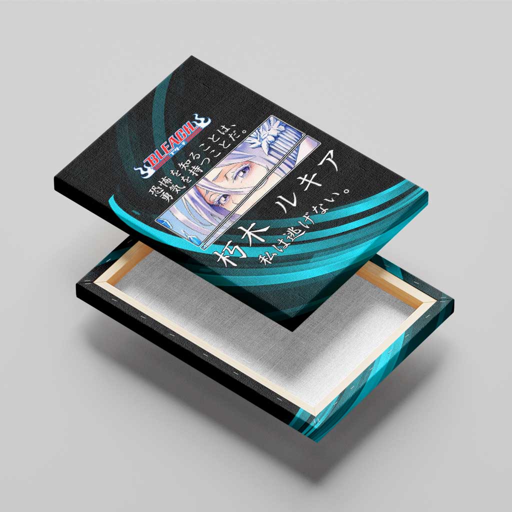 Rukia Kuchiki Bleach Anime Black and Teal Theme Canvas Wall Art with Zanpakuto Pose and Japanese Quote Design - The Mazicc