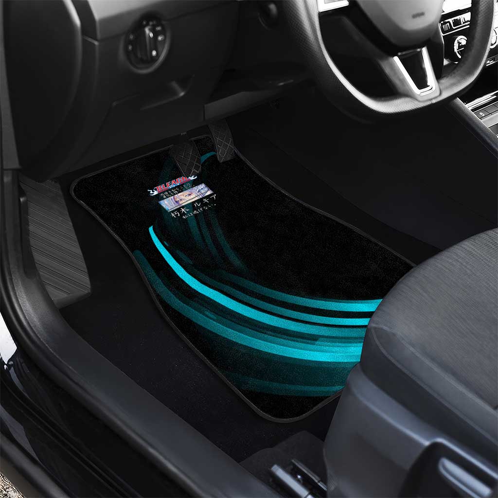 Rukia Kuchiki Bleach Anime Black and Teal Theme Car Mats with Zanpakuto Pose and Japanese Quote Design - The Mazicc