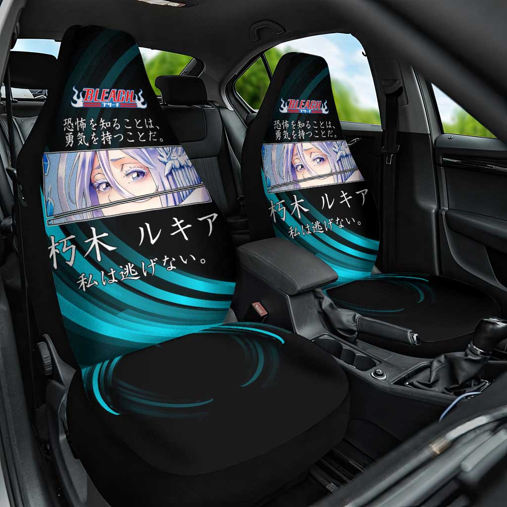 Rukia Kuchiki Bleach Anime Black and Teal Theme Car Seat Cover with Zanpakuto Pose and Japanese Quote Design - The Mazicc