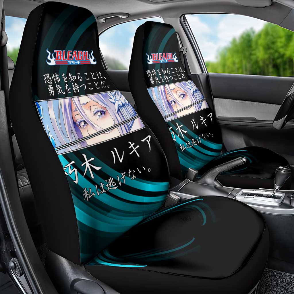Rukia Kuchiki Bleach Anime Black and Teal Theme Car Seat Cover with Zanpakuto Pose and Japanese Quote Design - The Mazicc
