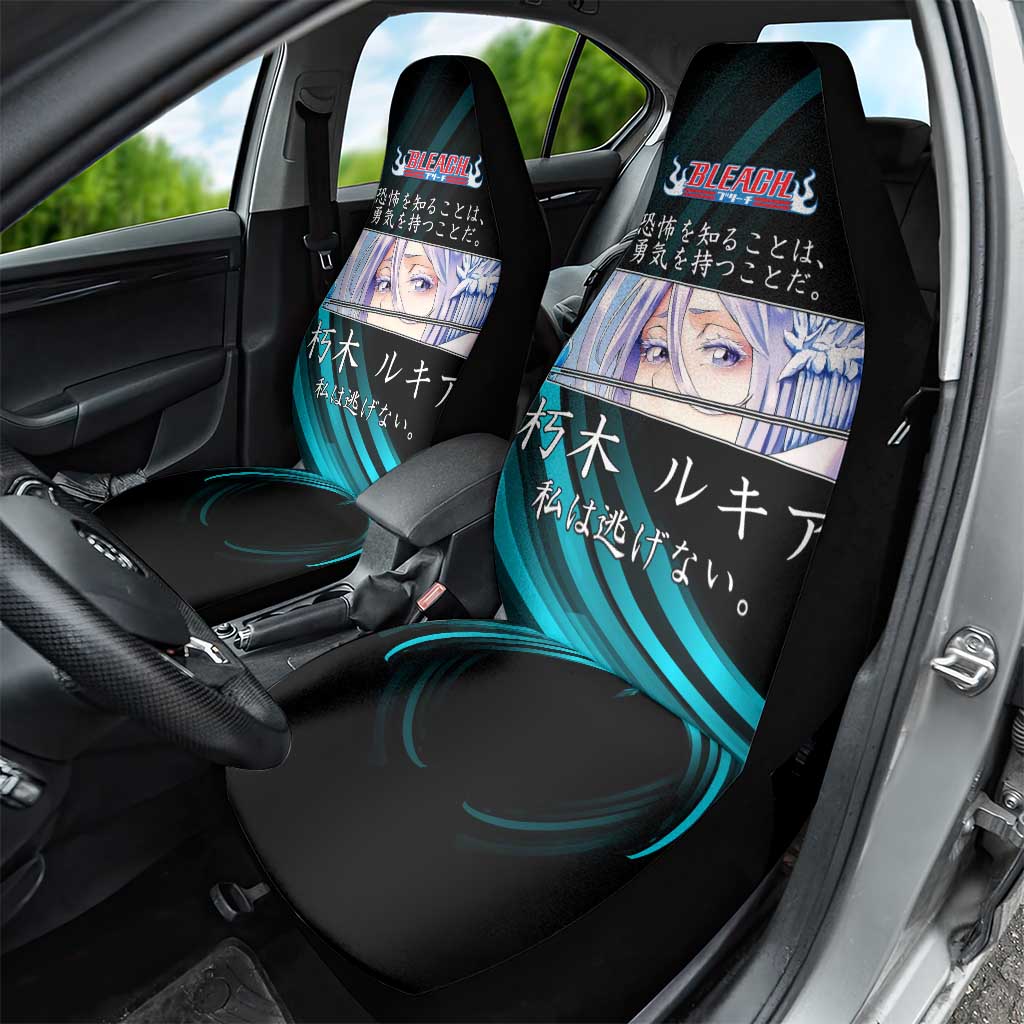 Rukia Kuchiki Bleach Anime Black and Teal Theme Car Seat Cover with Zanpakuto Pose and Japanese Quote Design - The Mazicc