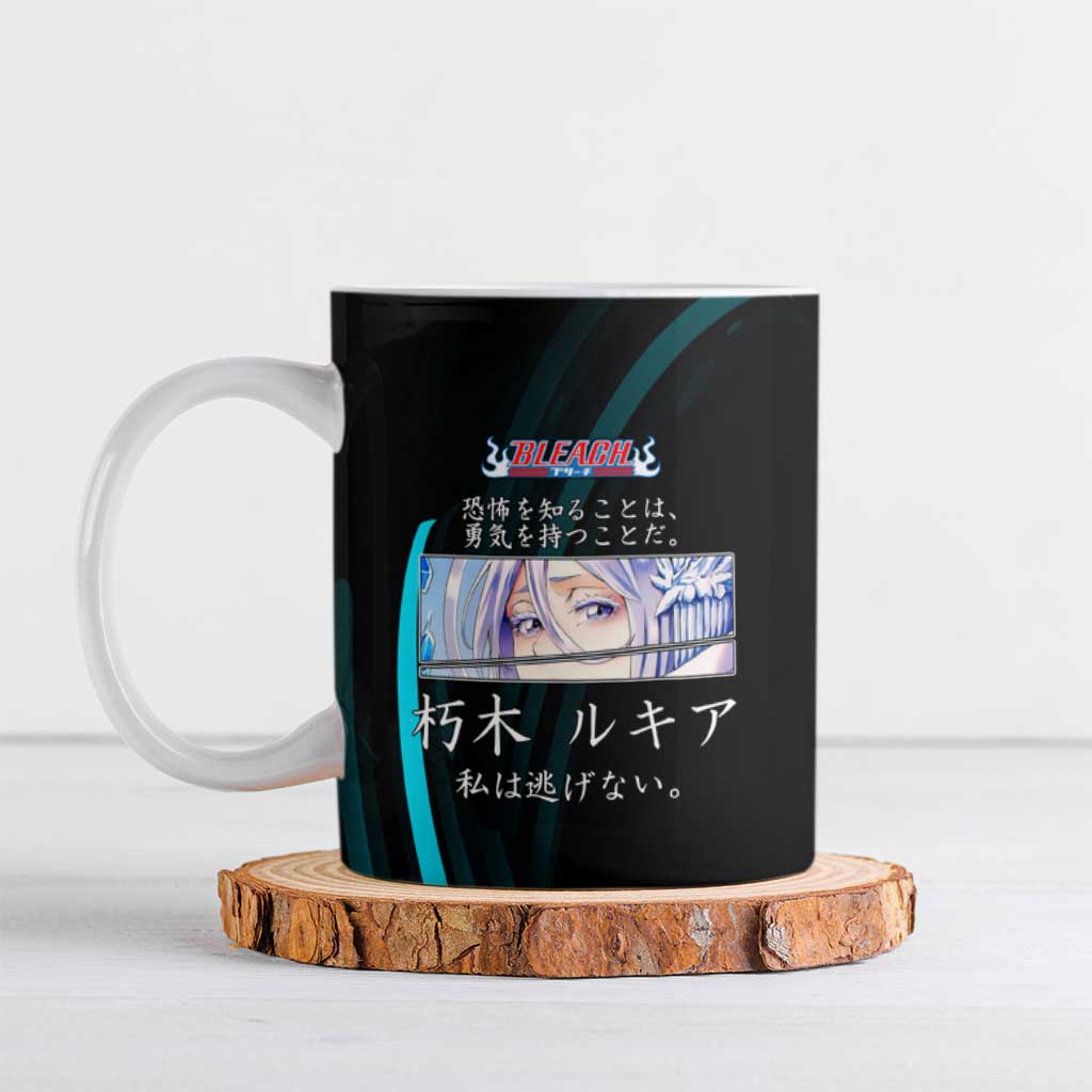 Rukia Kuchiki Bleach Anime Black and Teal Theme Ceramic Mug with Zanpakuto Pose and Japanese Quote Design - The Mazicc