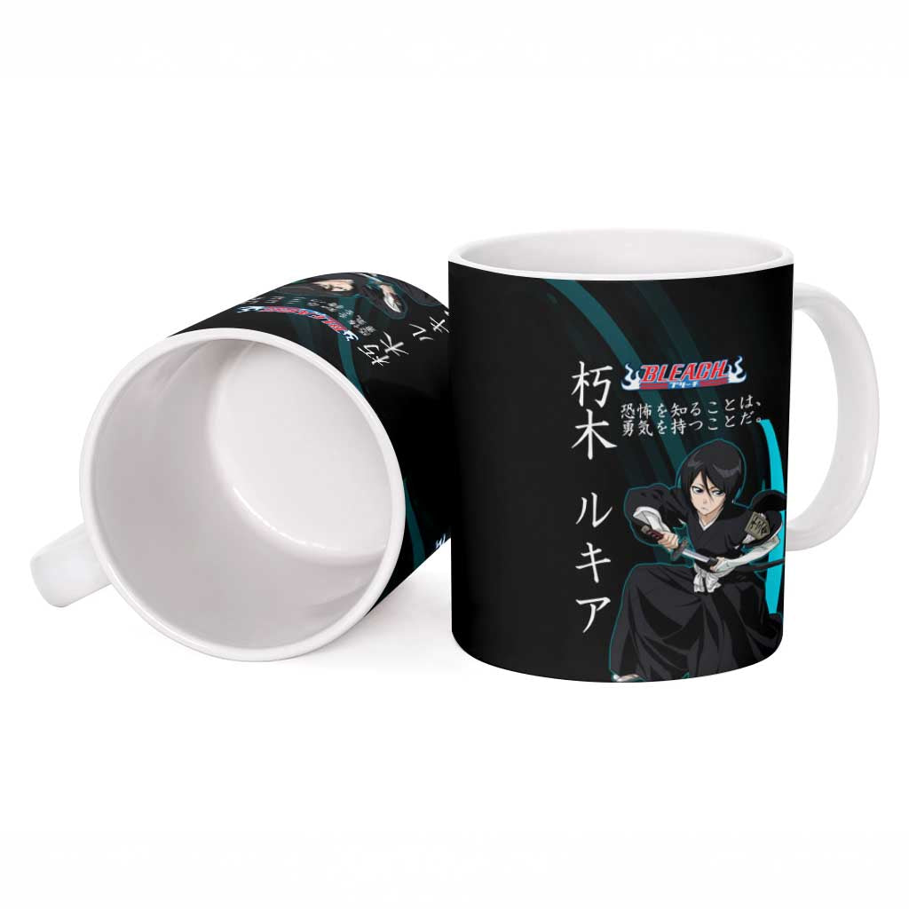 Rukia Kuchiki Bleach Anime Black and Teal Theme Ceramic Mug with Zanpakuto Pose and Japanese Quote Design - The Mazicc