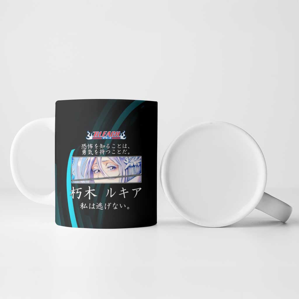 Rukia Kuchiki Bleach Anime Black and Teal Theme Ceramic Mug with Zanpakuto Pose and Japanese Quote Design - The Mazicc