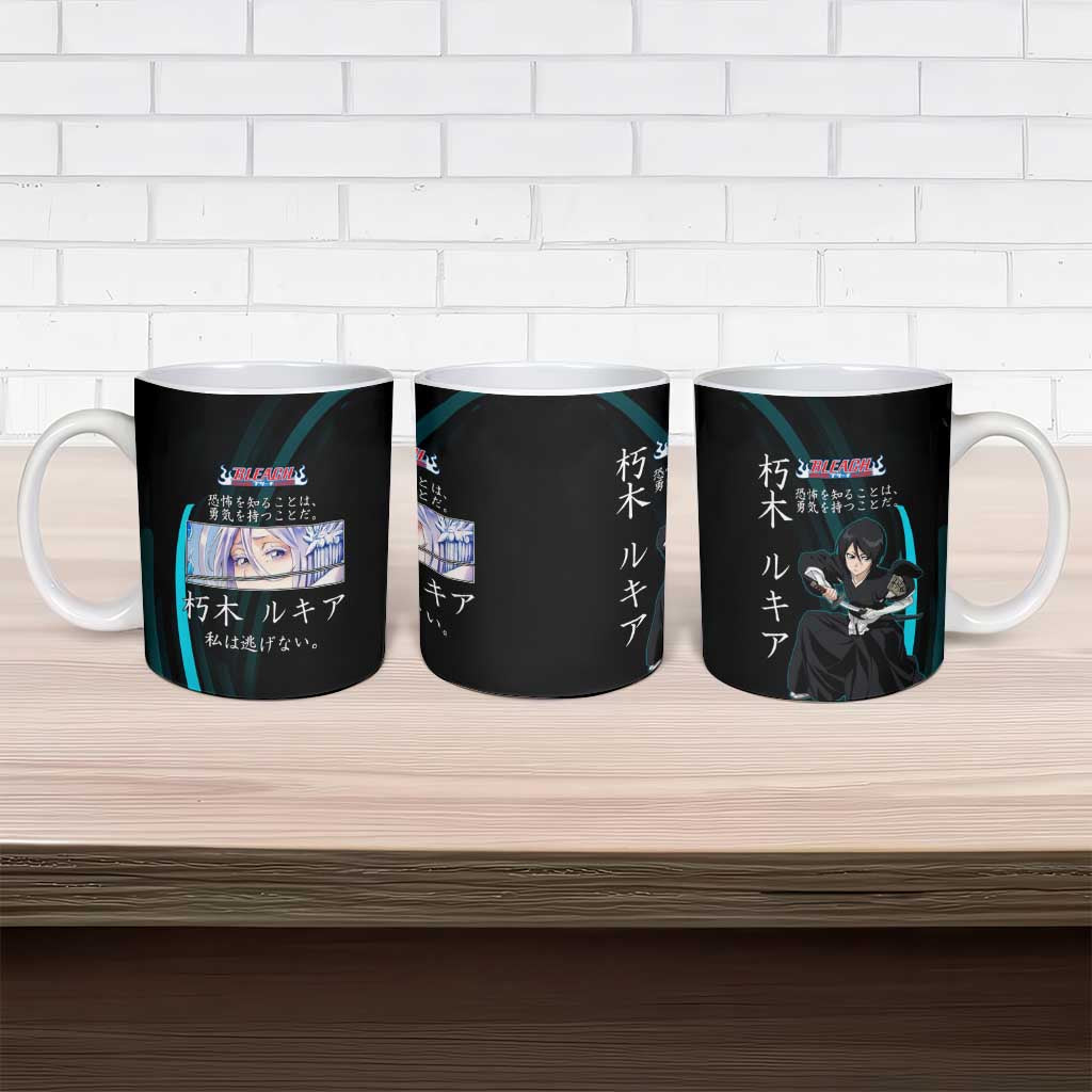 Rukia Kuchiki Bleach Anime Black and Teal Theme Ceramic Mug with Zanpakuto Pose and Japanese Quote Design - The Mazicc