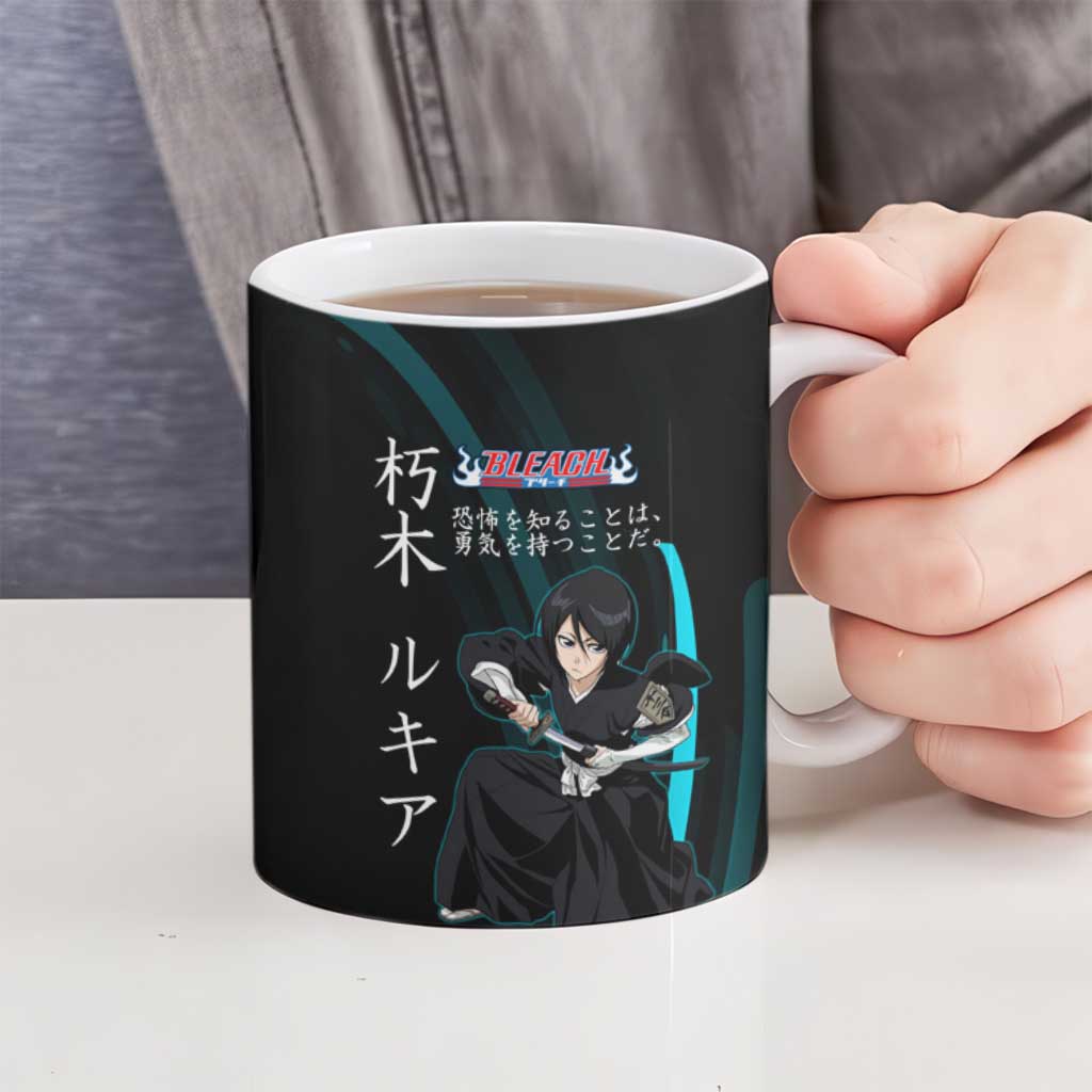 Rukia Kuchiki Bleach Anime Black and Teal Theme Ceramic Mug with Zanpakuto Pose and Japanese Quote Design - The Mazicc