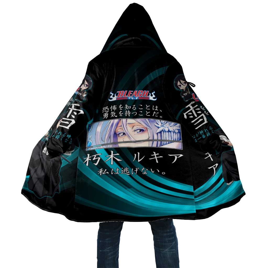 Rukia Kuchiki Bleach Anime Black and Teal Theme Cloak with Zanpakuto Pose and Japanese Quote Design - The Mazicc