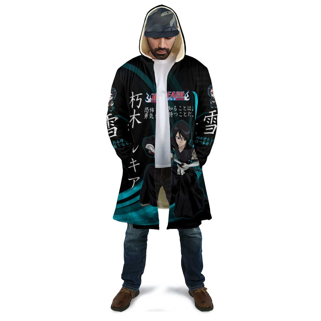 Rukia Kuchiki Bleach Anime Black and Teal Theme Cloak with Zanpakuto Pose and Japanese Quote Design - The Mazicc