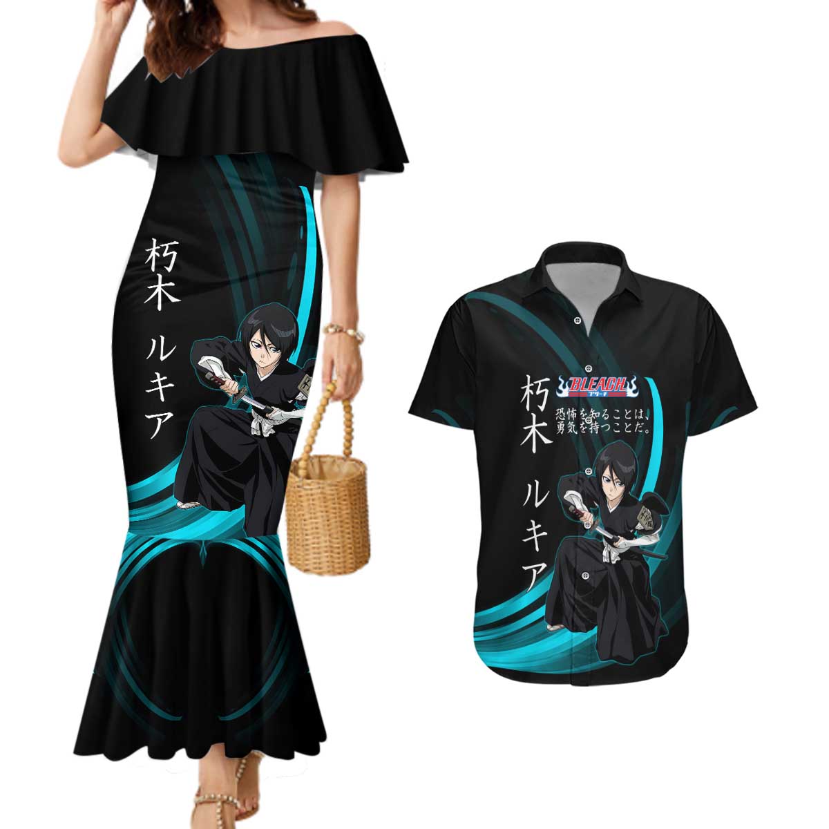 Rukia Kuchiki Bleach Anime Black and Teal Theme Couples Matching Mermaid Dress and Hawaiian Shirt with Zanpakuto Pose and Japanese Quote Design - The Mazicc