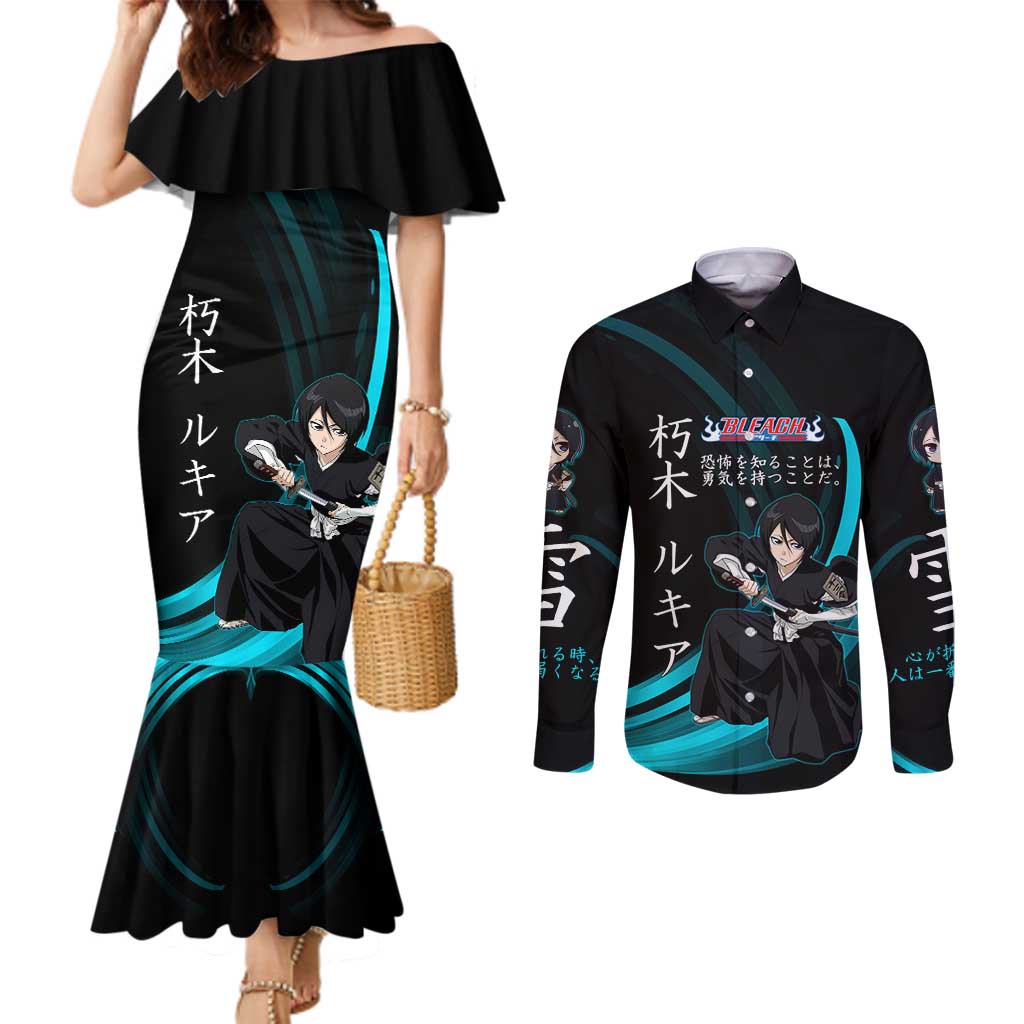 Rukia Kuchiki Bleach Anime Black and Teal Theme Couples Matching Mermaid Dress and Long Sleeve Button Shirt with Zanpakuto Pose and Japanese Quote Design - The Mazicc