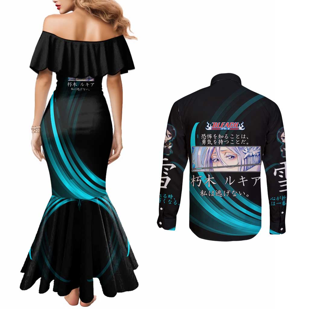 Rukia Kuchiki Bleach Anime Black and Teal Theme Couples Matching Mermaid Dress and Long Sleeve Button Shirt with Zanpakuto Pose and Japanese Quote Design - The Mazicc
