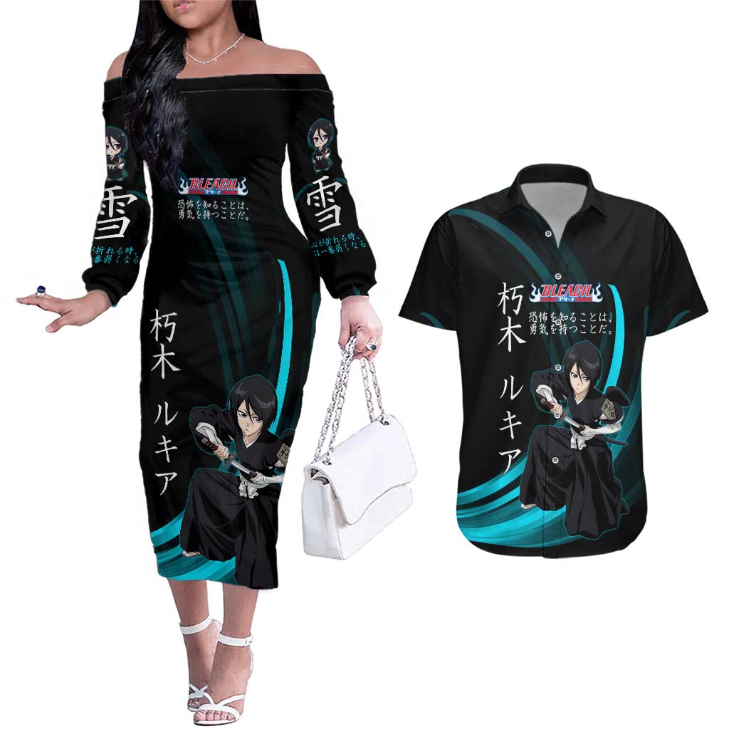 Rukia Kuchiki Bleach Anime Black and Teal Theme Couples Matching Off The Shoulder Long Sleeve Dress and Hawaiian Shirt with Zanpakuto Pose and Japanese Quote Design - The Mazicc