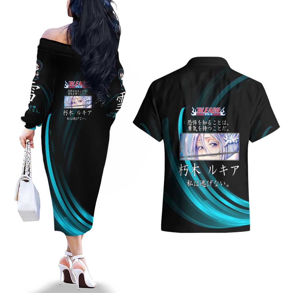 Rukia Kuchiki Bleach Anime Black and Teal Theme Couples Matching Off The Shoulder Long Sleeve Dress and Hawaiian Shirt with Zanpakuto Pose and Japanese Quote Design - The Mazicc