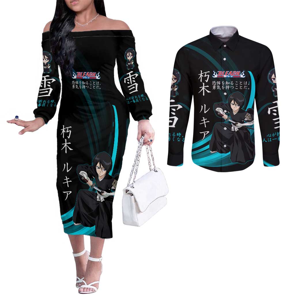 Rukia Kuchiki Bleach Anime Black and Teal Theme Couples Matching Off The Shoulder Long Sleeve Dress and Long Sleeve Button Shirt with Zanpakuto Pose and Japanese Quote Design - The Mazicc