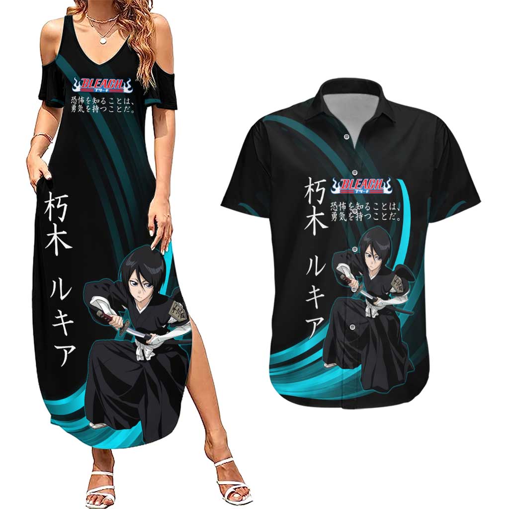 Rukia Kuchiki Bleach Anime Black and Teal Theme Couples Matching Summer Maxi Dress and Hawaiian Shirt with Zanpakuto Pose and Japanese Quote Design - The Mazicc