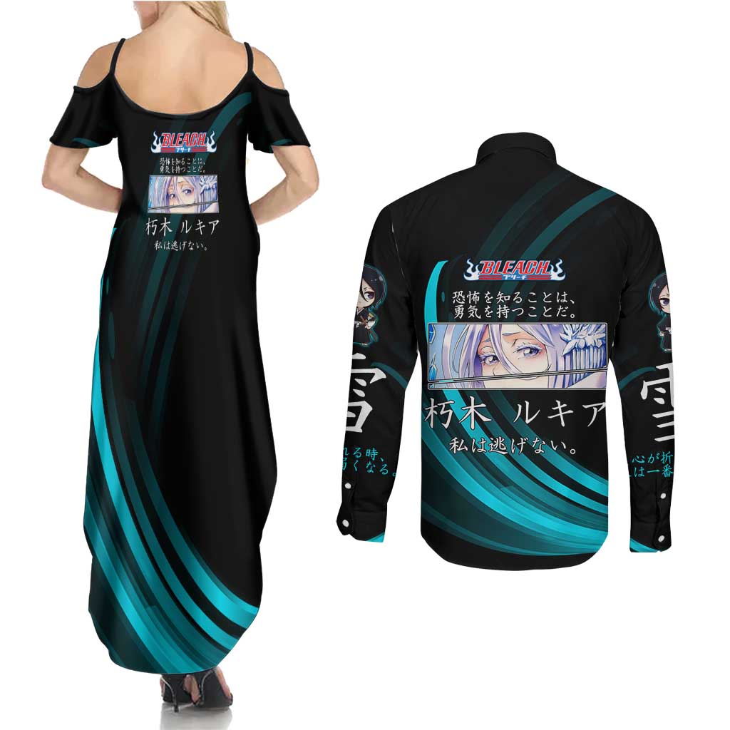 Rukia Kuchiki Bleach Anime Black and Teal Theme Couples Matching Summer Maxi Dress and Long Sleeve Button Shirt with Zanpakuto Pose and Japanese Quote Design - The Mazicc