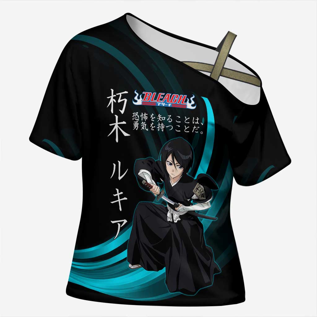 Rukia Kuchiki Bleach Anime Black and Teal Theme Cross Shoulder Shirt with Zanpakuto Pose and Japanese Quote Design - The Mazicc