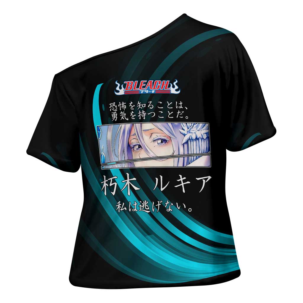 Rukia Kuchiki Bleach Anime Black and Teal Theme Cross Shoulder Shirt with Zanpakuto Pose and Japanese Quote Design - The Mazicc