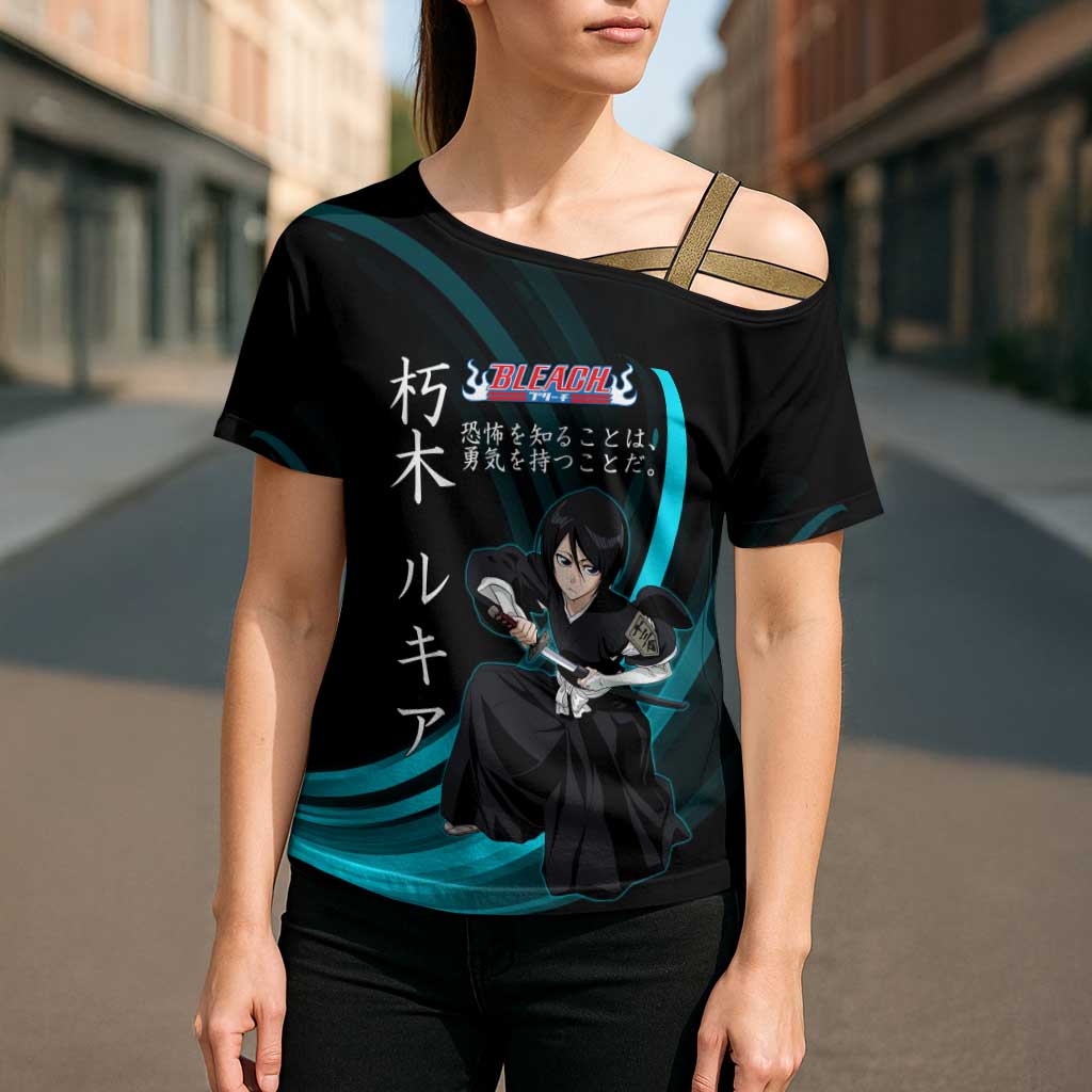 Rukia Kuchiki Bleach Anime Black and Teal Theme Cross Shoulder Shirt with Zanpakuto Pose and Japanese Quote Design - The Mazicc