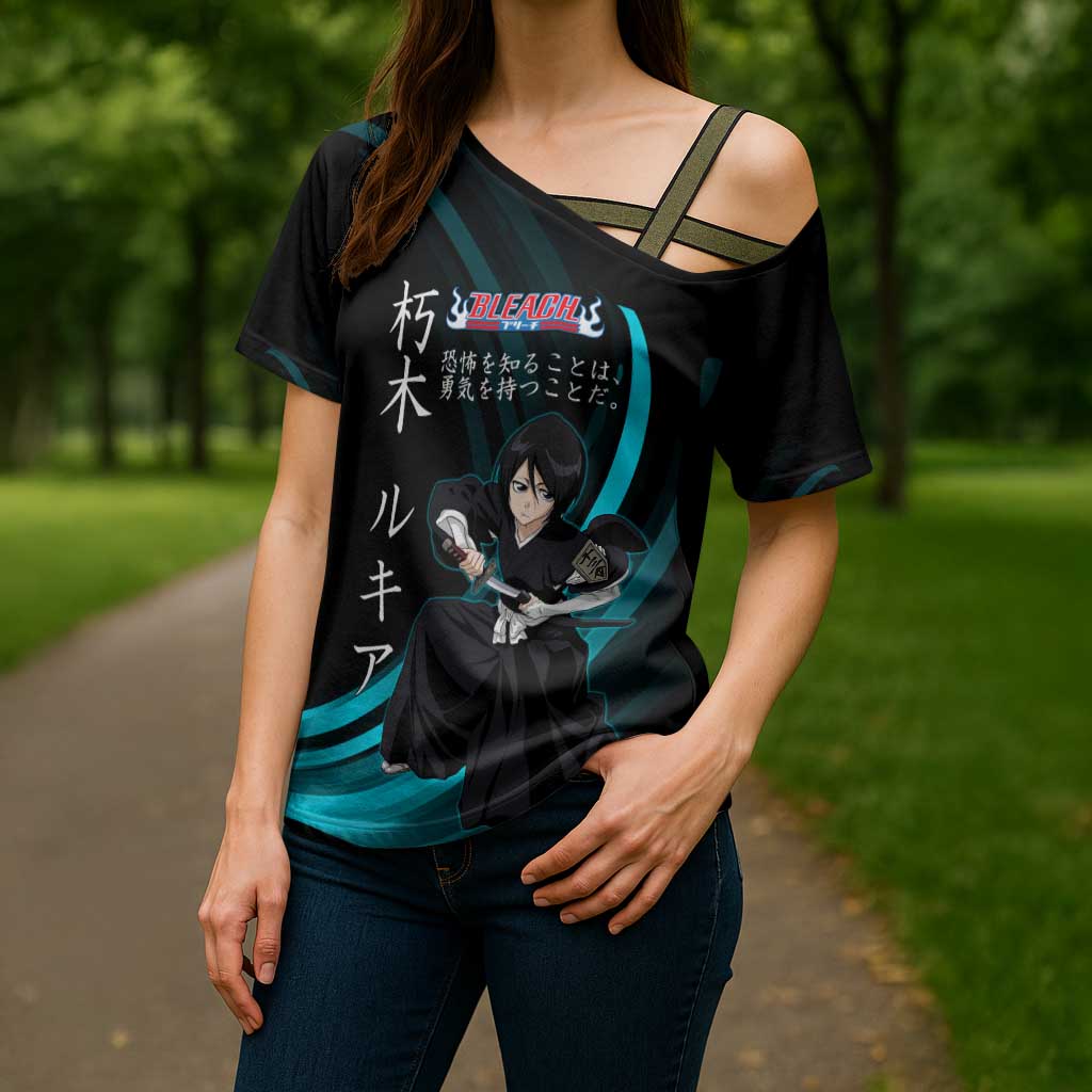 Rukia Kuchiki Bleach Anime Black and Teal Theme Cross Shoulder Shirt with Zanpakuto Pose and Japanese Quote Design - The Mazicc