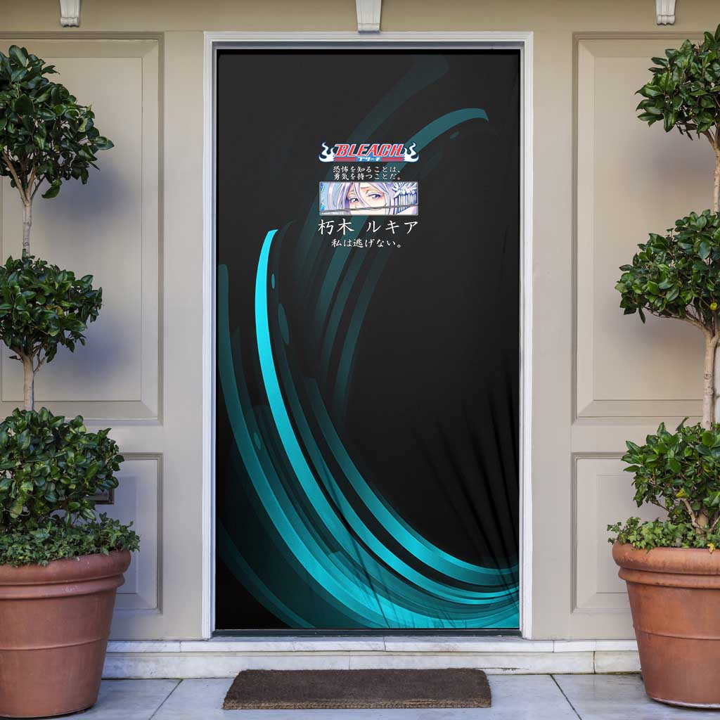 Rukia Kuchiki Bleach Anime Black and Teal Theme Door Cover with Zanpakuto Pose and Japanese Quote Design - The Mazicc