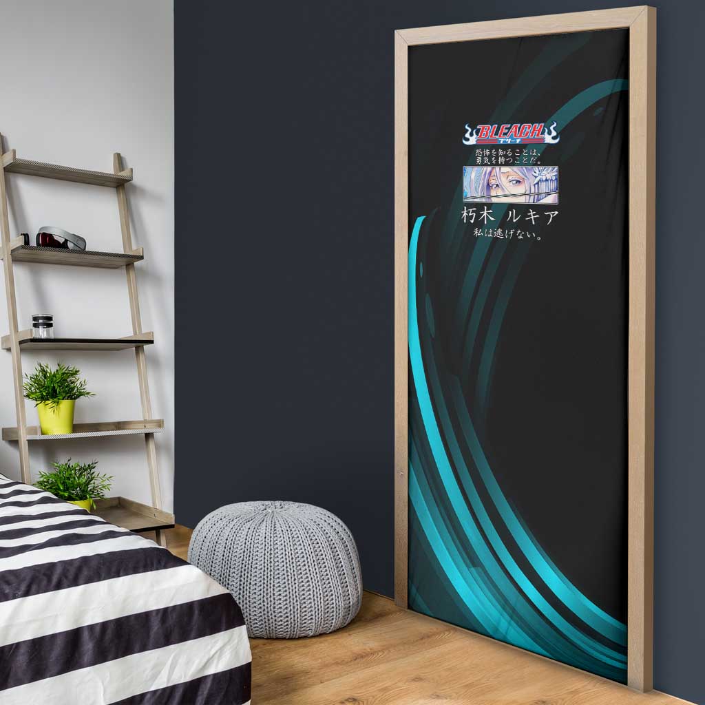 Rukia Kuchiki Bleach Anime Black and Teal Theme Door Cover with Zanpakuto Pose and Japanese Quote Design - The Mazicc