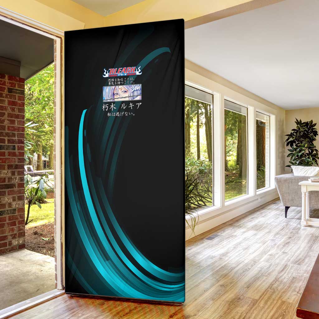 Rukia Kuchiki Bleach Anime Black and Teal Theme Door Cover with Zanpakuto Pose and Japanese Quote Design - The Mazicc