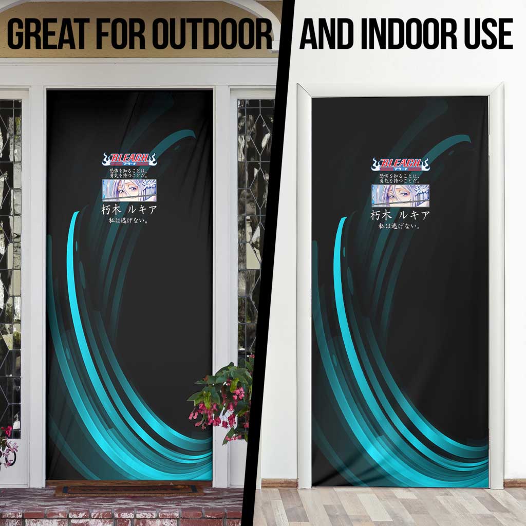 Rukia Kuchiki Bleach Anime Black and Teal Theme Door Cover with Zanpakuto Pose and Japanese Quote Design - The Mazicc