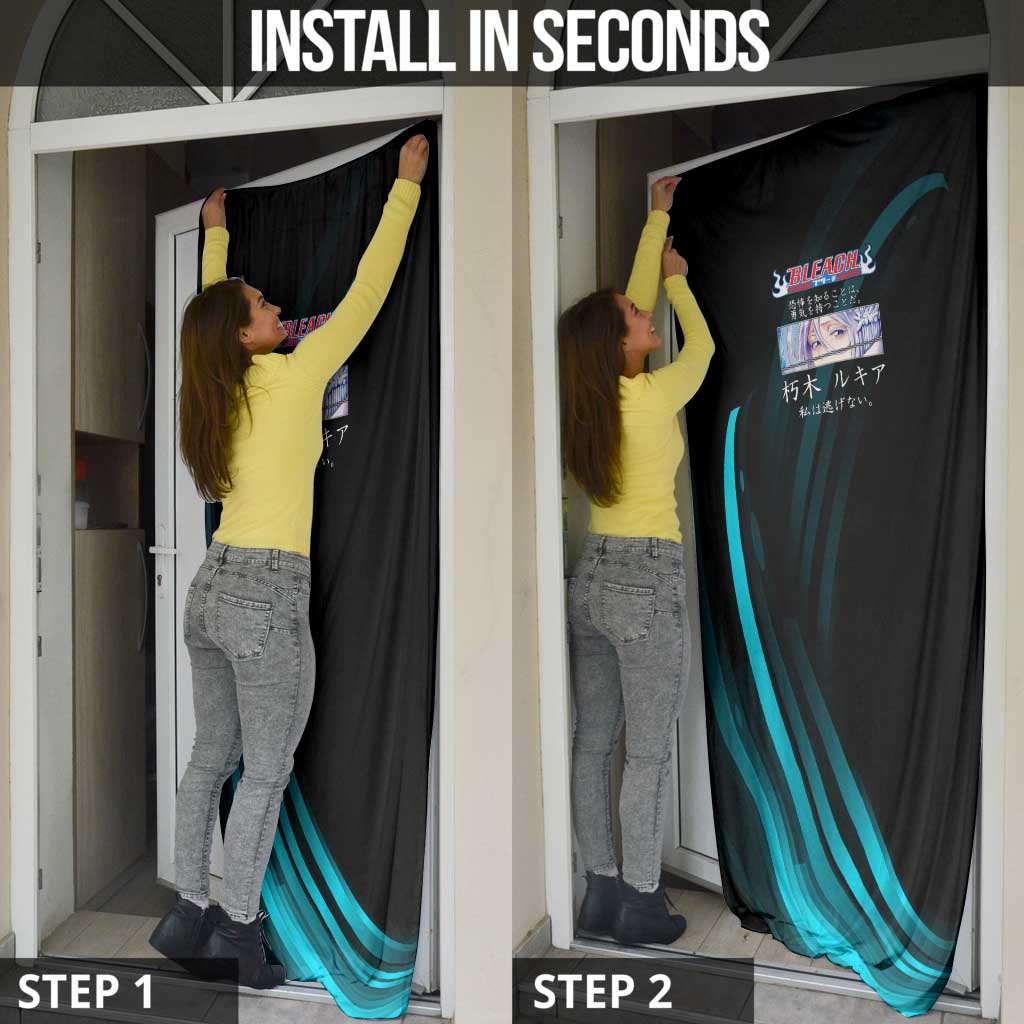 Rukia Kuchiki Bleach Anime Black and Teal Theme Door Cover with Zanpakuto Pose and Japanese Quote Design - The Mazicc