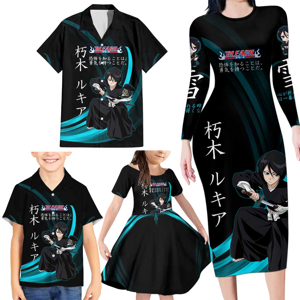 Rukia Kuchiki Bleach Anime Black and Teal Theme Family Matching Long Sleeve Bodycon Dress and Hawaiian Shirt with Zanpakuto Pose and Japanese Quote Design