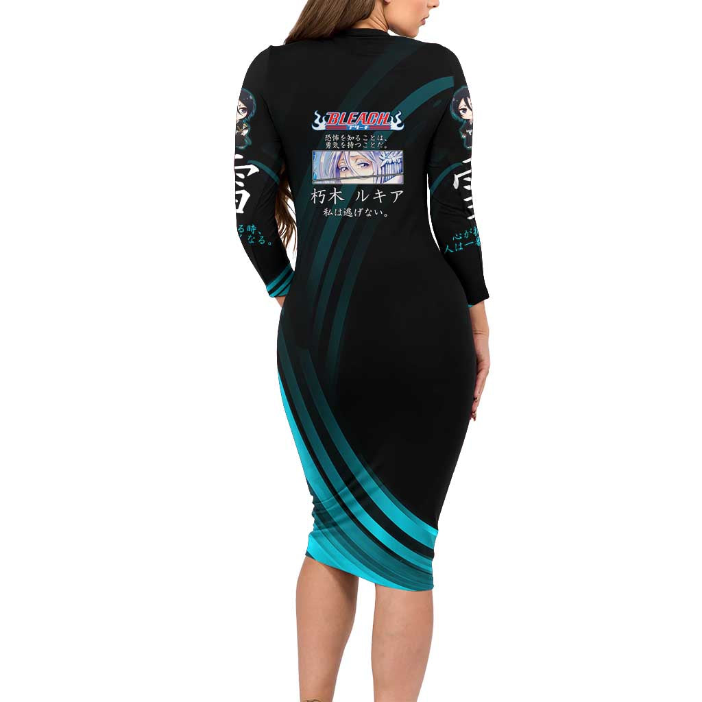 Rukia Kuchiki Bleach Anime Black and Teal Theme Family Matching Long Sleeve Bodycon Dress and Hawaiian Shirt with Zanpakuto Pose and Japanese Quote Design