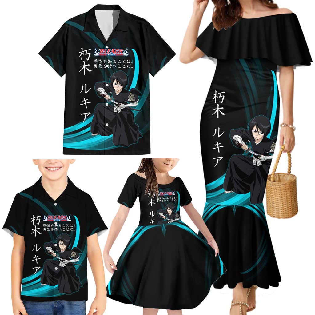 Rukia Kuchiki Bleach Anime Black and Teal Theme Family Matching Mermaid Dress and Hawaiian Shirt with Zanpakuto Pose and Japanese Quote Design