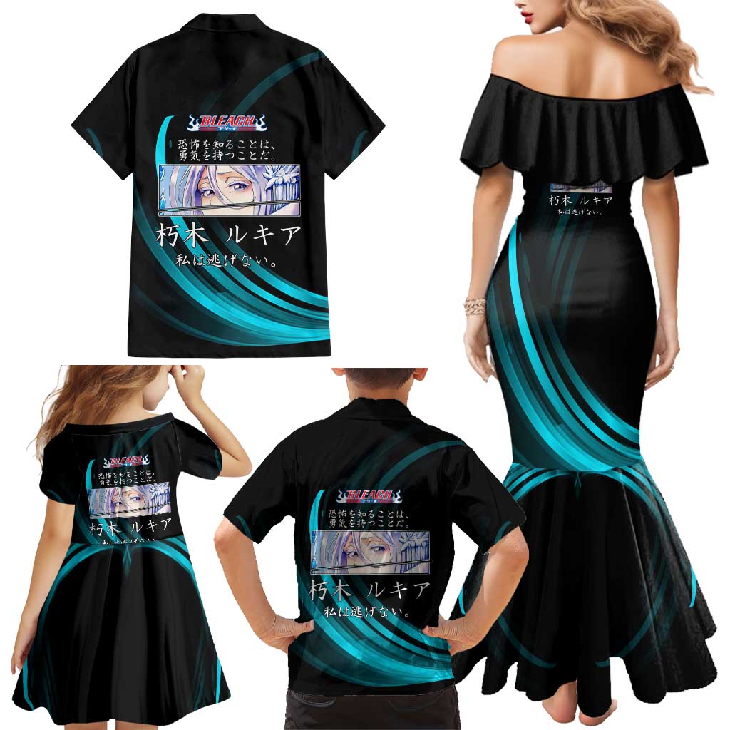 Rukia Kuchiki Bleach Anime Black and Teal Theme Family Matching Mermaid Dress and Hawaiian Shirt with Zanpakuto Pose and Japanese Quote Design
