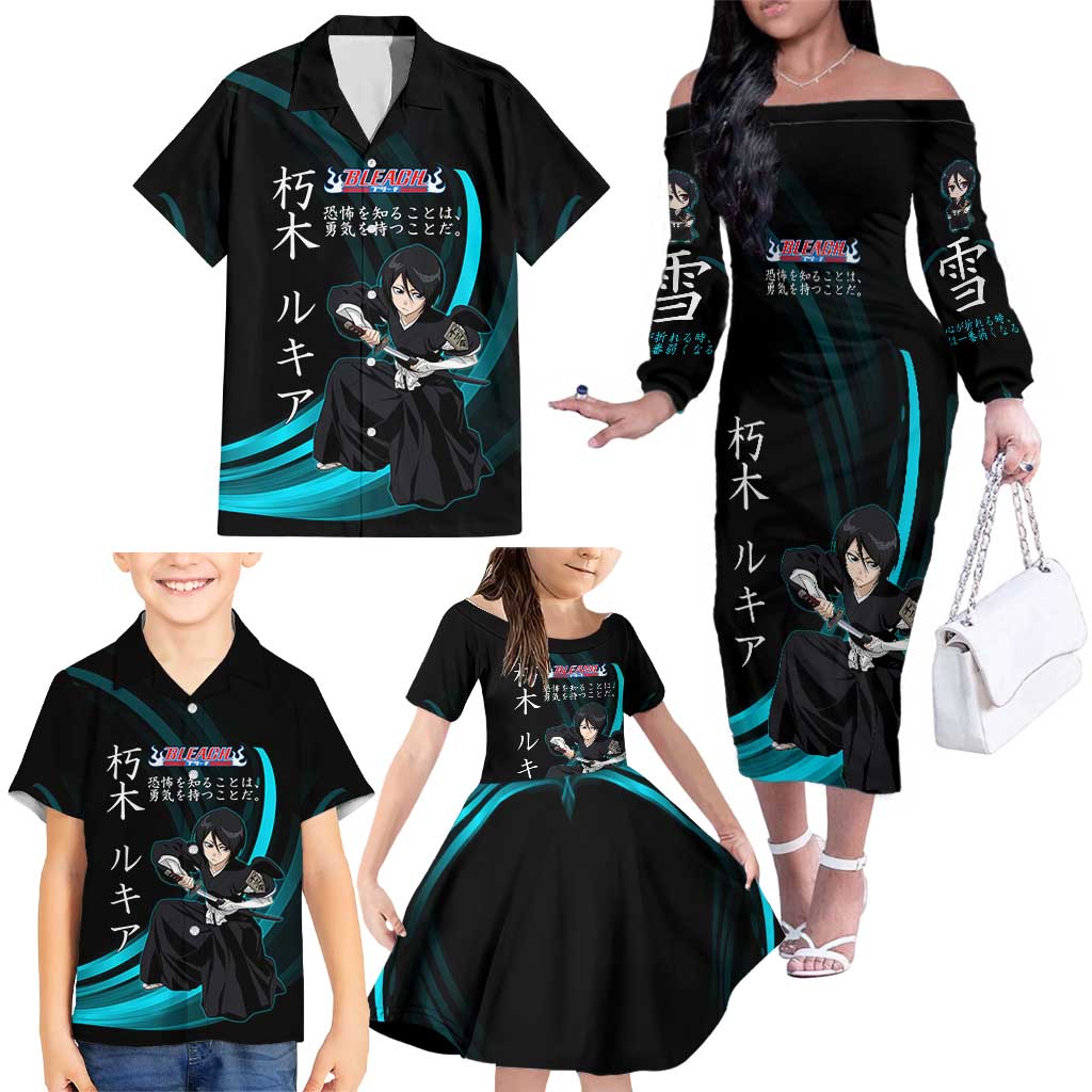 Rukia Kuchiki Bleach Anime Black and Teal Theme Family Matching Off The Shoulder Long Sleeve Dress and Hawaiian Shirt with Zanpakuto Pose and Japanese Quote Design