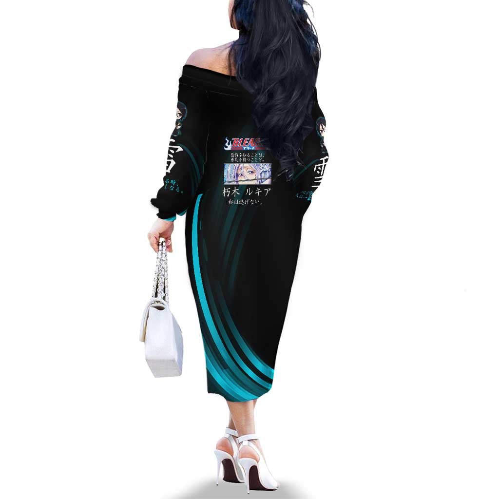 Rukia Kuchiki Bleach Anime Black and Teal Theme Family Matching Off The Shoulder Long Sleeve Dress and Hawaiian Shirt with Zanpakuto Pose and Japanese Quote Design