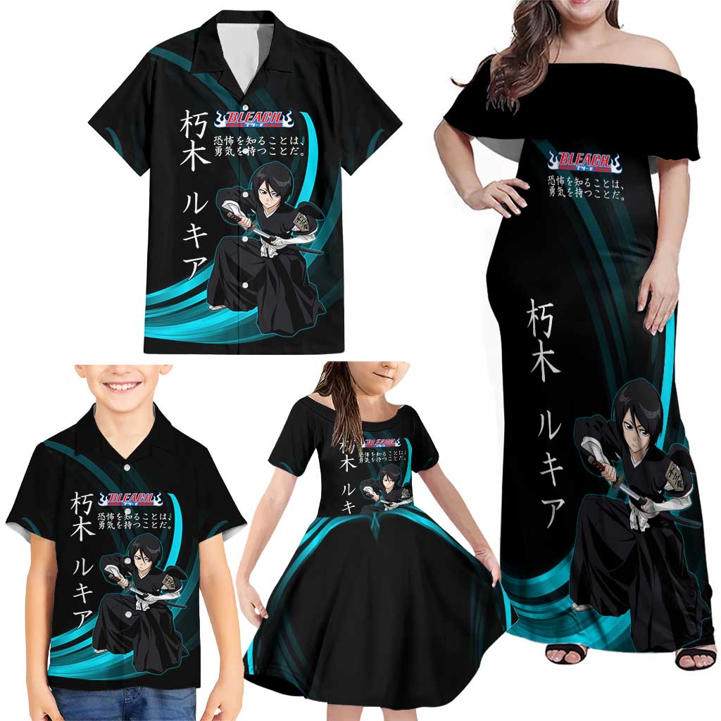 Rukia Kuchiki Bleach Anime Black and Teal Theme Family Matching Off Shoulder Maxi Dress and Hawaiian Shirt with Zanpakuto Pose and Japanese Quote Design