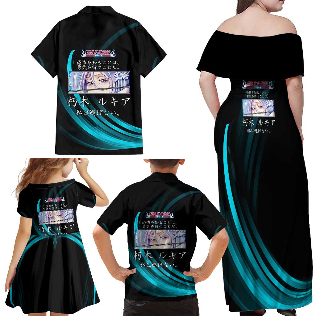 Rukia Kuchiki Bleach Anime Black and Teal Theme Family Matching Off Shoulder Maxi Dress and Hawaiian Shirt with Zanpakuto Pose and Japanese Quote Design